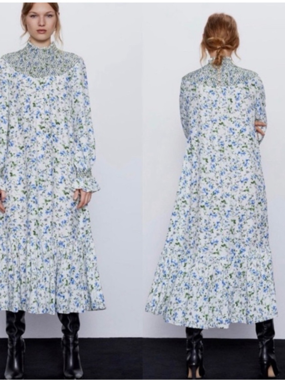 Zara White Blue Floral Smocked High Neck Maxi Dress Size S